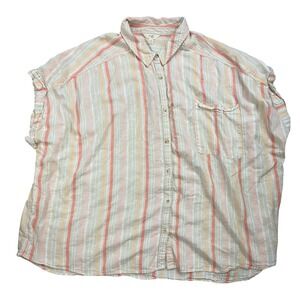 Terra & Sky Shirt Womens Plus 4X Pink Striped Linen Blend Button Pocket Beachcon